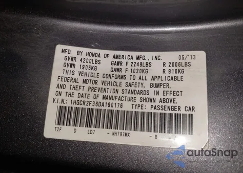 2013 Honda Accord Lx z USA, uszkodzony, nr VIN 1HGCR2F36DA190176